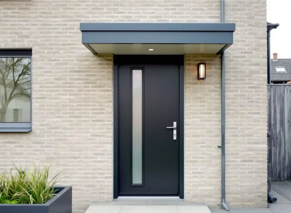 Een moderne antraciet aluminium voordeur met een smalle verticale strook matglas en een lange greep, in een lichte bakstenen gevel onder een kleine luifel