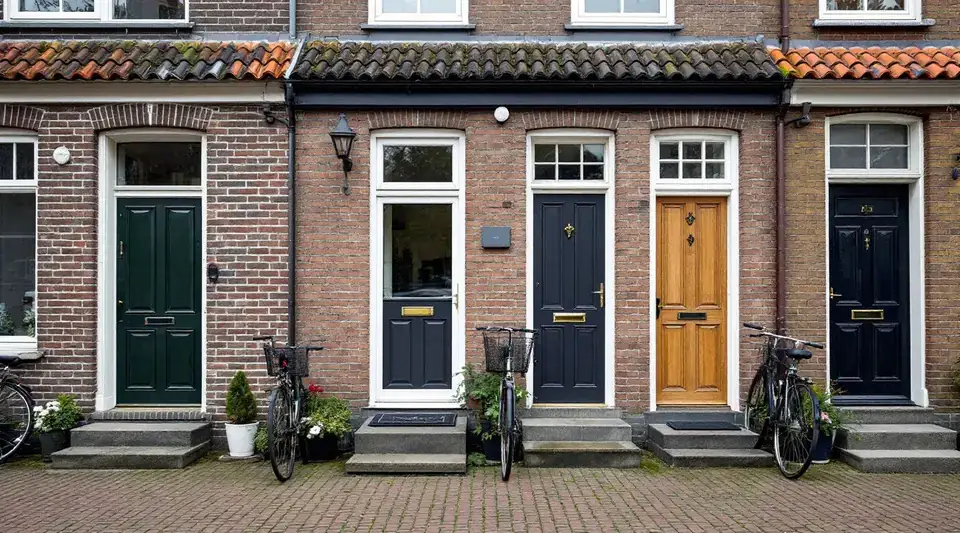 Een rij voordeuren in één straat met bakstenen rijtjeshuizen: een groen geschilderde houten deur, een witte kunststof deur met glas, donkere deuren en een eikenhouten deur, met fietsen ervoor