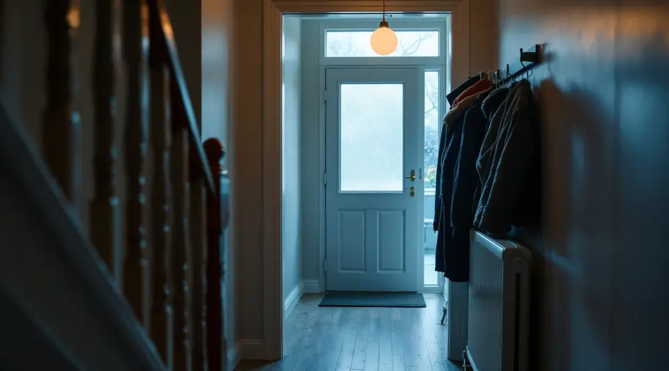 Een smalle gang in een rijtjeshuis op een koude ochtend, gezien vanaf de trap naar de voordeur met matglas, jassen aan de kapstok en een radiator onder het raam