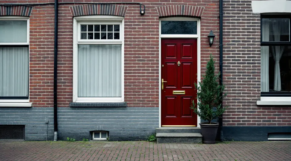 Gevel van een bakstenen rijtjeshuis uit de jaren dertig met een donkerrood geschilderde houten voordeur met vier panelen en een glazen bovenlicht, een stoep van klinkers en een boompje in een pot naast de deur