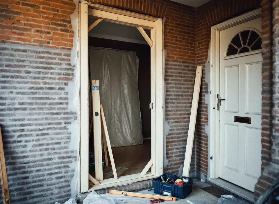 Een nieuw houten deurkozijn, net geplaatst in de bakstenen voorgevel tijdens een verbouwing, met de deur in folie in de gang en gereedschap op de stoep
