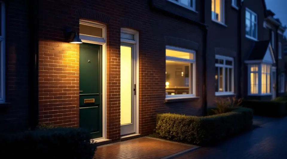Een donkergroene voordeur met een smal glazen zijlicht bij schemering, verlicht door een buitenlamp aan de bakstenen gevel, met een lage haag en natte klinkers