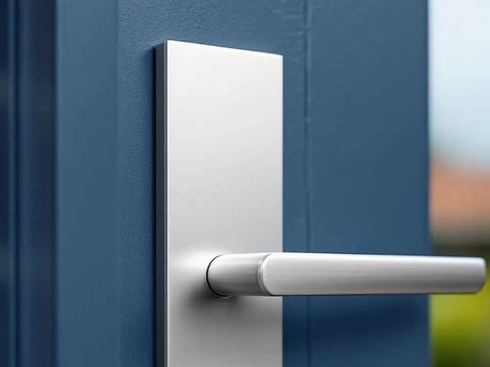 Een lang rvs schild met deurkruk op een donkerblauw geschilderde voordeur, van dichtbij